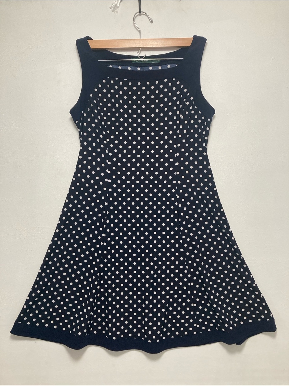 Lauren Ralph Lauren Navy Blue &White Polka Dot Sleeveles Midi Dress Size 12